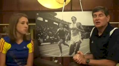 Joanna Stevens talks with Jim Ryun before 2010 Dream Mile
