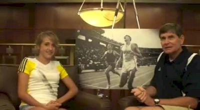 Kathleen Stevens talks with Jim Ryun before 2010 Dream Mile