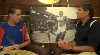 Pat Schellberg talks with Jim Ryun before 2010 Dream Mile