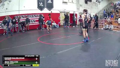 106 lbs Quarterfinal - Sean Willcox, St John Bosco vs Kamari Baldelomar, San Dimas