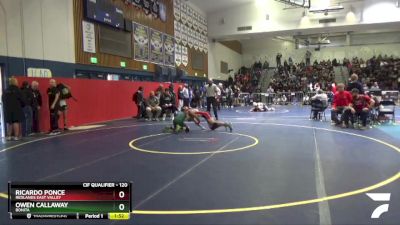 120 lbs Quarterfinal - Ricardo Ponce, Redlands East Valley vs Owen Callaway, Bonita