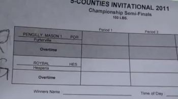 103 lbs semi-finals Mason Pengilly Porterville vs. Roybal Hesperia