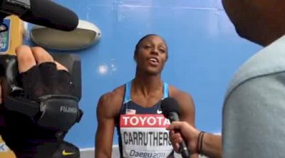 Danielle Carruthers going crazy into the 100 hurdle semis at Daegu 2011 World Track Championships