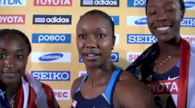 Team USA Women's 4x100 Gold Medalists Carmelita Jeter, Bianca Knight, Marshavet Myers and Allyson Felix at Daegu 2011 World Track Championships