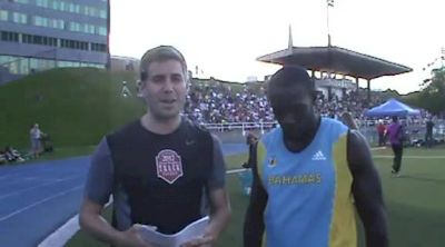 Derrick Atkins after another 100m win at 2012 Aileen Meagher Track Classic