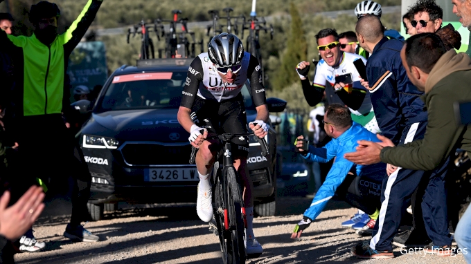 Tadej Pogacar racing the gravel roads in the 2023 Jaen Paraiso Interior