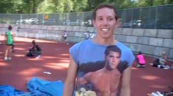 Matt Lincoln sporting the most epic shirt ever at a meet after rabbit job at 2013 Harry Jerome Meet