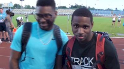 Manteo Mitchell and Reggie Dixon after men's 100 at 2013 Victoria Track Classic