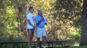 Chico State's Ayla Granados talks with Men's champion Aaron Thomas talks with Dixon Farmer at 2013 CCAA XC Championships