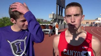 Alex Rogers, Carter Blunt after sub-9 3200m at Tx Relays