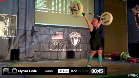 Linda Glynias (W55, 75kgs) Snatch 30 kgs