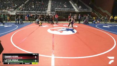 86 lbs Cons. Round 5 - Tanner Myers, Thermopolis Wrestling Club vs Layton Single, Lusk Rawhide Wrestling Club