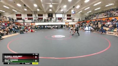 105 lbs Quarterfinal - Russell Goolsbey, Powell Middle School vs Riley Wiggins, Greybull MS