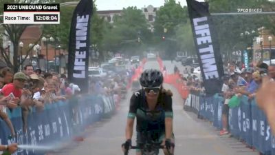 Lauren De Crescenzo celebration across finish line at Unbound 2021