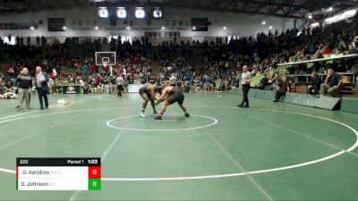 220 lbs Quarterfinal - Devin Kendrex, Mt. Vernon (Fortville) vs Greg Johnson, Warren Central