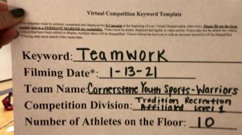Cornerstone Christian School - Warriors [L1 Traditional Recreation - 10 &amp; Younger (AFF)] 2021 Varsity Recreational Virtual Challenge II