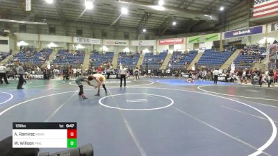 126 lbs Consi Of 16 #1 - Angelo Ramirez, Mountain Range vs Wylee Willson, Pinedale Pummelers WC